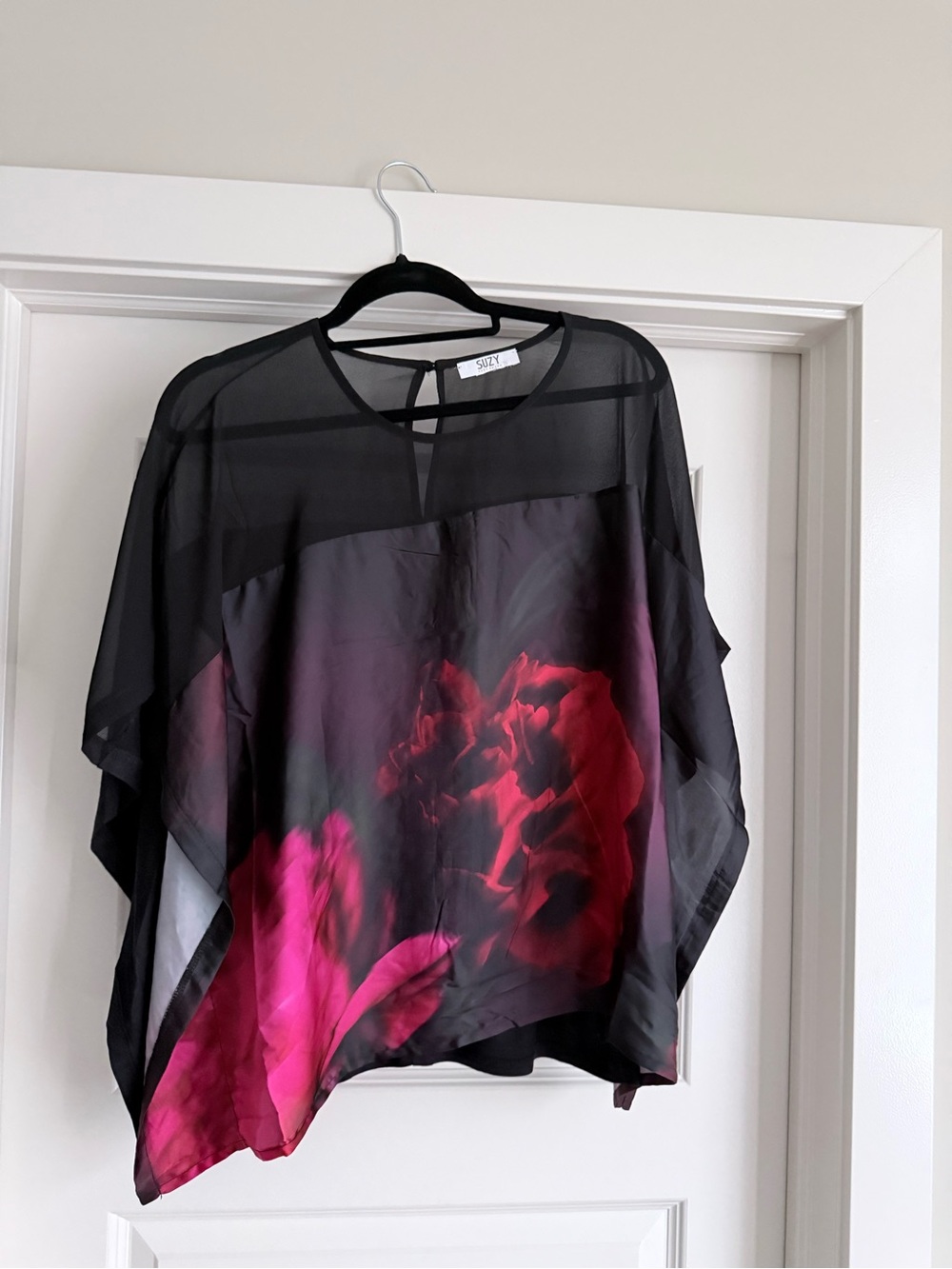 St. John Collection Black Sheer Tunic with Pink & Red Floral Print